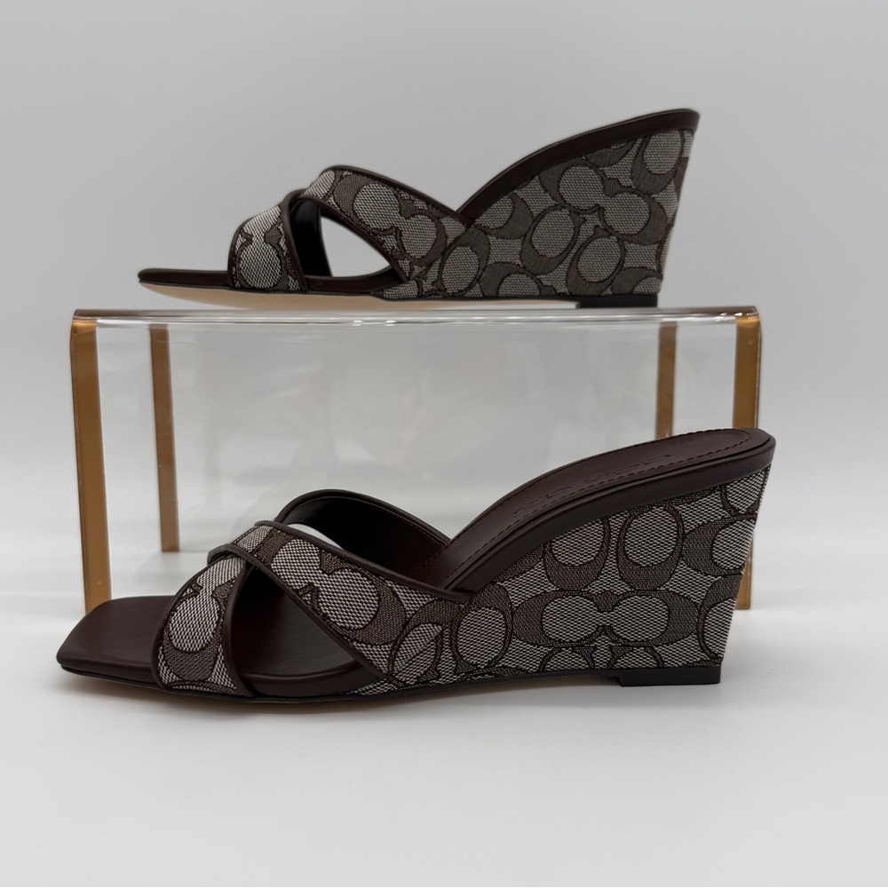 Coach Wedge Sandal In Signature Jacquard Oak Maple - Picture 4 of 12